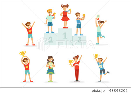 Happy young children holding their golden trophies, set for label design. Cartoon detailed colorful Happy young children holding their golden trophies, set for label design. Cartoon detailed colorful 43348202