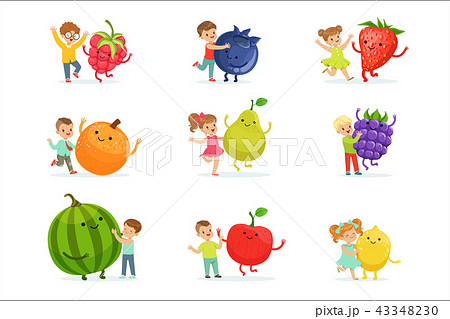 Cute little children having fun and playing with big fruits, set for label design. Colorful cartoon Cute little children having fun and playing with big fruits, set for label design. Colorful cartoon 43348230