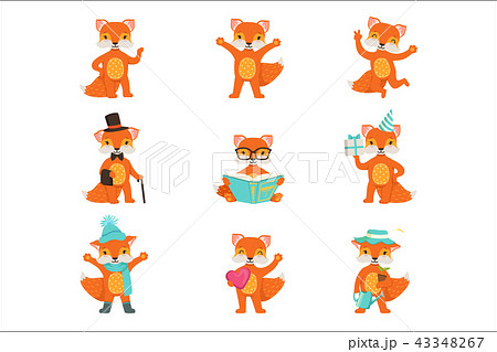 Cute little fox cartoon characters set for label design. Colorful detailed vector Illustrations 43348267