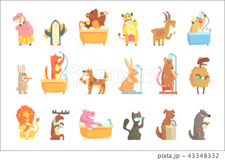 Cute animals bathing and washing in water, set for label design. Hygiene and care, cartoon detailed 43348332
