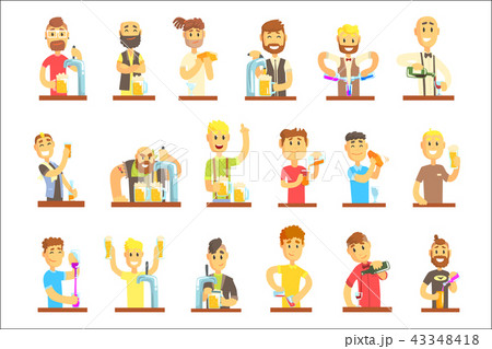 Barman mixing, pouring, opening and garnishing alcohol drinks set for label design. Colorful cartoon 43348418