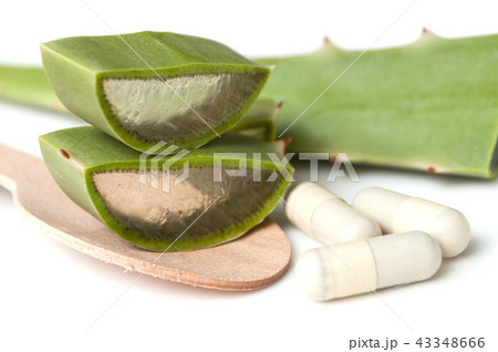sliced aloe vera leaves and pills in spoon sliced aloe vera leaves and pills in spoon 43348666