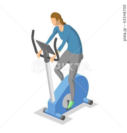 Woman working out on exercise bike, spin bike. Colorful isometric illlustration of fitness equipment Woman working out on exercise bike, spin bike. Colorful isometric illlustration of fitness equipment 43348700