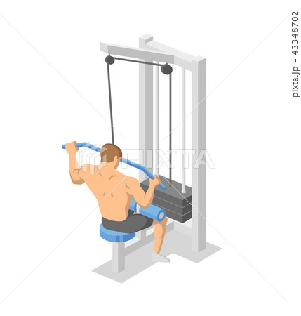 Man working out on lat pull down machine in the gym. Colorful isometric illlustration of fitness 43348702