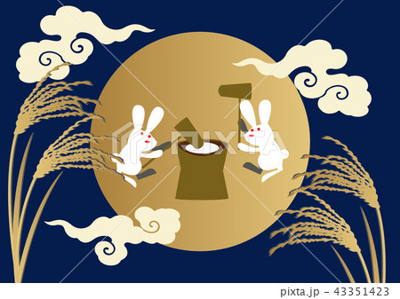 中秋の名月 餅つきする兎のイラスト 満月のイメージ のイラスト素材