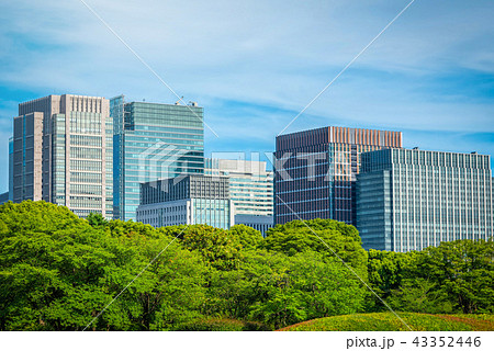 Modern building with green garden on blue sky Modern building with green garden on blue sky 43352446