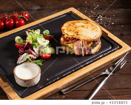 burger from potato pancakes and bacon 43358855