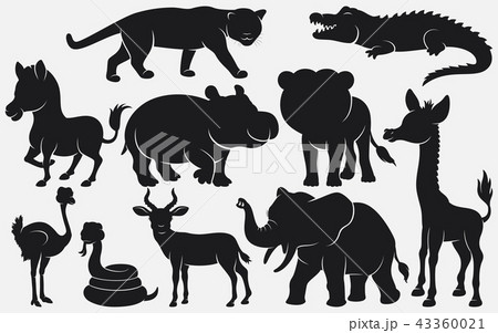 Set Of Black Silhouettes Wild Animals Cartoon On Wのイラスト素材