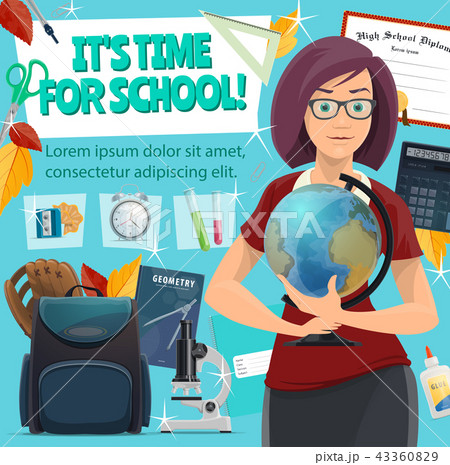 School time poster. Teacher and study stationery School time poster. Teacher and study stationery 43360829