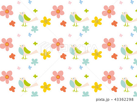 北欧風 小鳥と花畑 桃色系パターンのイラスト素材