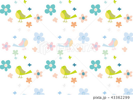 北欧風 小鳥と花畑 青色系パターンのイラスト素材