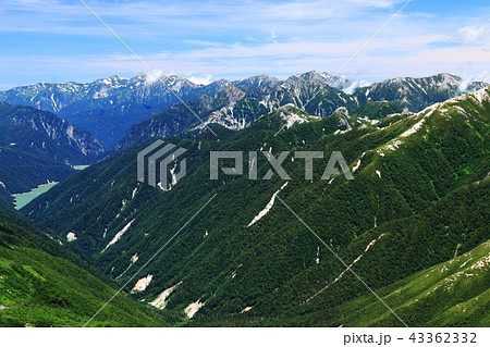 北アルプス水晶岳山頂への道から　黒部湖と白馬三山遠景 43362332