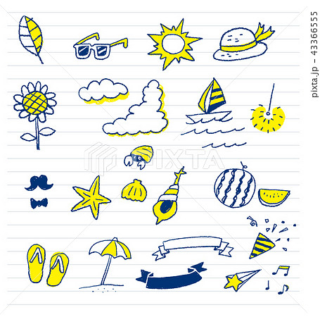 ノートにペンで描いた夏のモチーフのイラスト素材