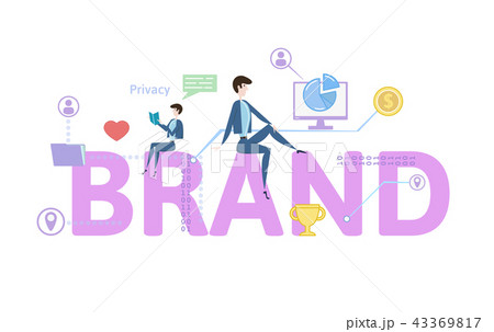 BRAND. Concept table with keywords, letters and icons. Colored flat vector illustration on white 43369817