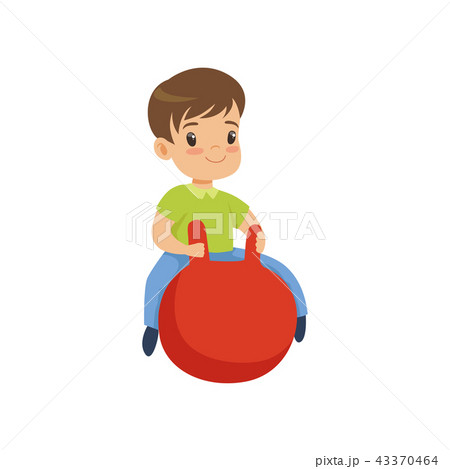 Cute little boy bouncing on red hopper ball vector Illustration on a white background 43370464