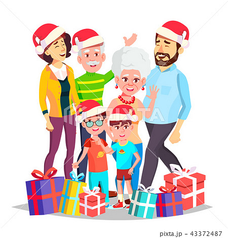 Christmas Family Vector. Celebrating. Mom, Dad, Children, Grandparents Together. In Santa Hats Christmas Family Vector. Celebrating. Mom, Dad, Children, Grandparents Together. In Santa Hats 43372487