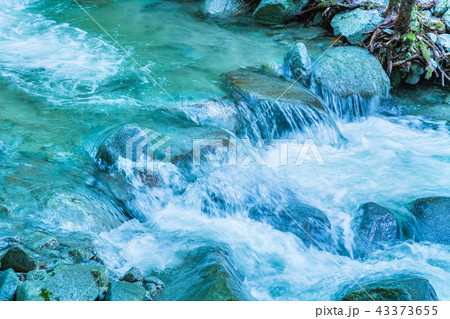 豊富な水が流れる山奥の川の写真素材