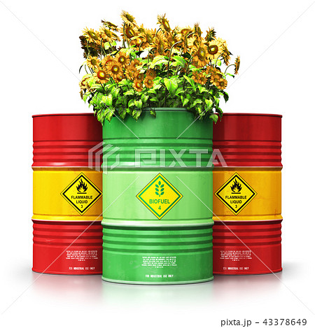 Green biofuel drum with sunflowers in front of red 43378649