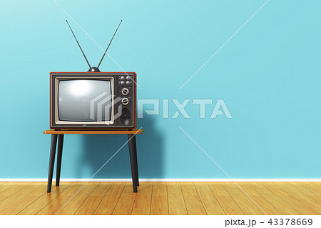 Old retro TV against blue vintage wall in the room Old retro TV against blue vintage wall in the room 43378669