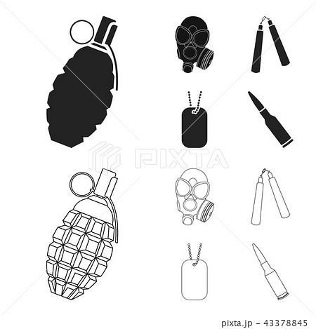 Gas mask, nunchak, ammunition, soldier token. Weapons set collection icons in black,outline style 43378845