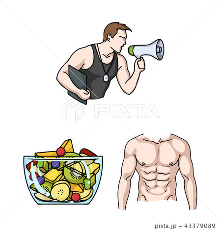 Fitness and attributes cartoon icons in set collection for design. Fitness equipment vector symbol 43379089