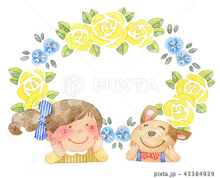 犬と女の子 黄色いバラのフレームのイラスト素材
