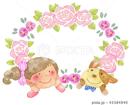 犬と女の子　ピンクのバラのフレーム 43384940