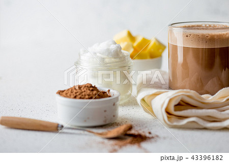 BULLETPROOF CACAO. Ketogenic keto diet hot drink. Cacao blended with coconut oil and butter. Cup of BULLETPROOF CACAO. Ketogenic keto diet hot drink. Cacao blended with coconut oil and butter. Cup of 43396182