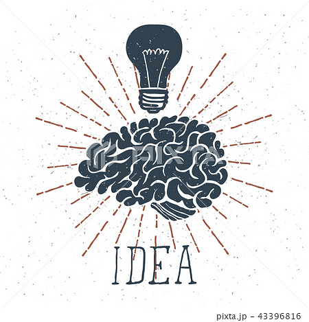 Hand Drawn Brain with Idea Lettering and Light Bulb. Vector 43396816