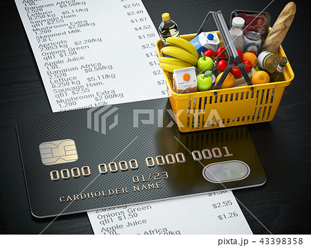 Shopping basket with food, cerdit card and receipt 43398358