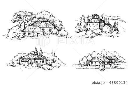 Rural Scene With Houses And Trees Sketchのイラスト素材