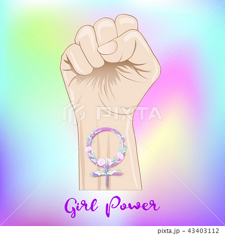 Woman's hand fist raised up freedom sign with feminism sign with 43403112