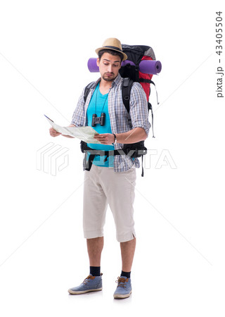 Man lost and looking for direction with map on white 43405504