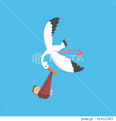 White stork delivering a newborn baby, flying bird carrying a bundle with smiling kid, template for 43412365