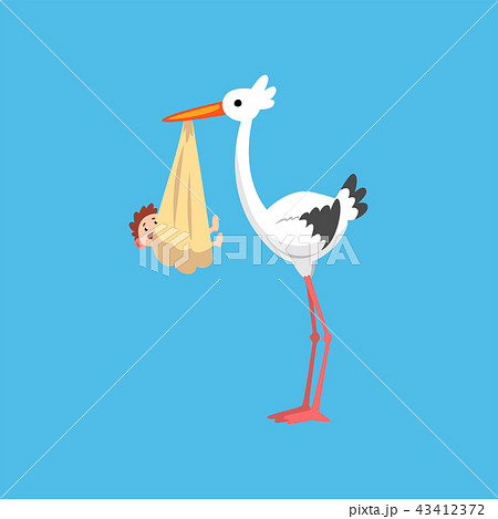 white stork delivering a newborn baby stork with a bundle template