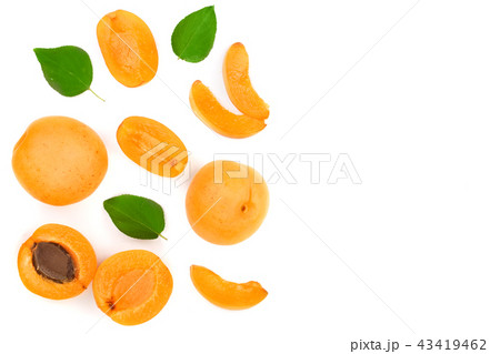 Apricot fruits with leaves isolated on white background with copy space for your text. Top view Apricot fruits with leaves isolated on white background with copy space for your text. Top view 43419462