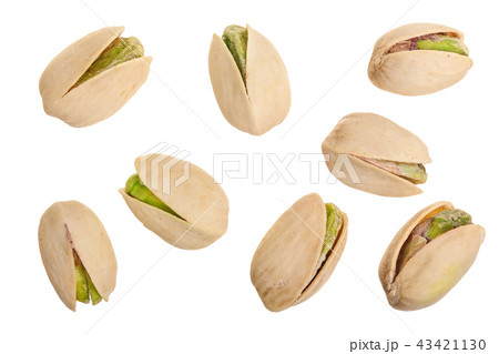 Pistachios isolated on white background, top view. Flat lay 43421130