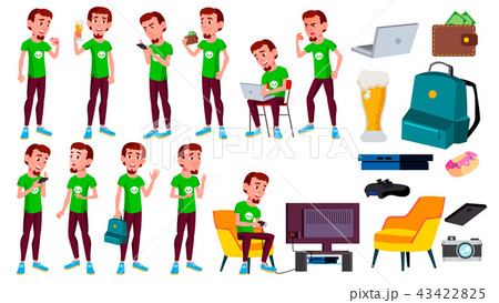 Teen Boy Poses Set Vector. Leisure, Smile. For Web, Brochure, Poster Design. Isolated Cartoon 43422825