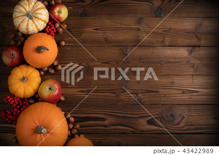 Autumn harvest on wooden table 43422989
