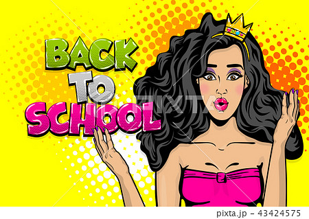 Back to school young girl pop art comic text Back to school young girl pop art comic text 43424575