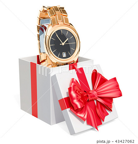 Gift concept, golden men's wrist watch inside gift Gift concept, golden men's wrist watch inside gift 43427062