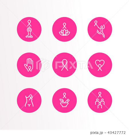 Breast Cancer Care Pink Ribbon Outline Icon Setのイラスト素材