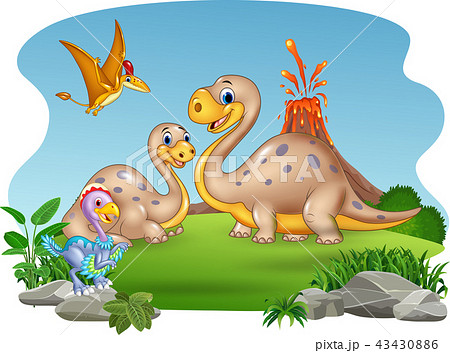 Cartoon mother and baby dinosaurs with nature back Cartoon mother and baby dinosaurs with nature back 43430886