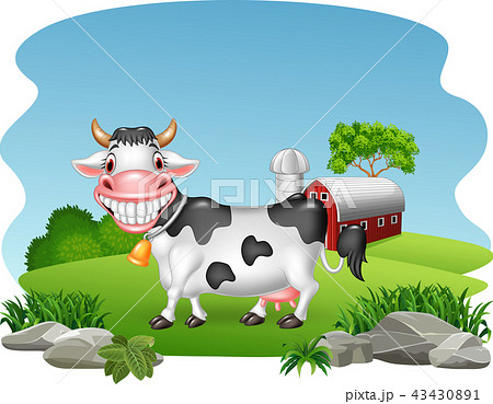 Cartoon happy cow with farm background 43430891