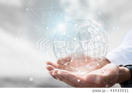 Businessman holding in hand with global concept. Businessman holding in hand with global concept. 43435031