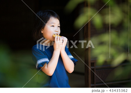 古民家の縁側でお煎餅を食べる小学生の女の子 43435362