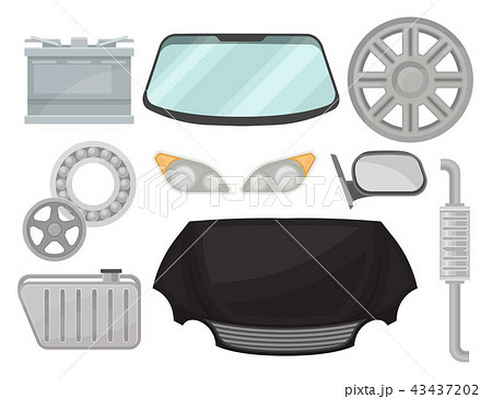 Flat vector set of car parts. Power battery, windshield, exhaust pipe, rear view mirror, titanium 43437202