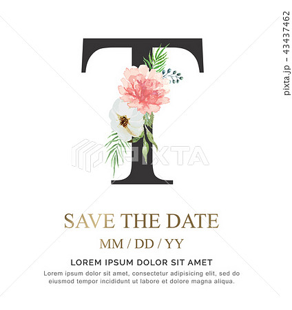 Alphabet T flower font made of paint watercolor. 43437462