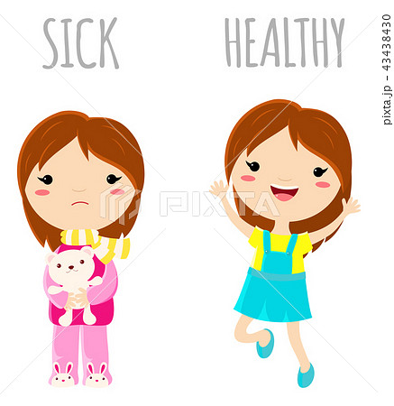 Sick Sad Little Girl And Cheerful Healthy Girlのイラスト素材