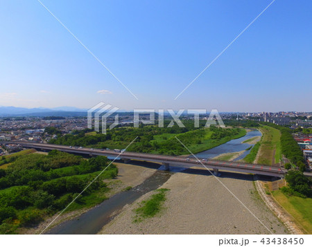 多摩川に架かる陸橋 ドローンで空撮 多摩川緑地福生南公園 東京都福生市南田園 の写真素材